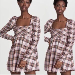 Saylor Yulia Dress Plaid Shimmer Pink Ruched Mini Women's Sz Small Retail $220